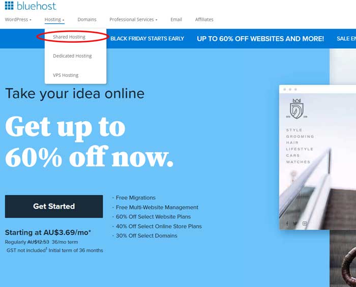 A drop down menu showing bluehost's shared hosting option