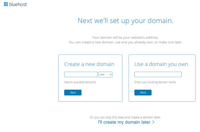 bluehost option to create new domain or use your own