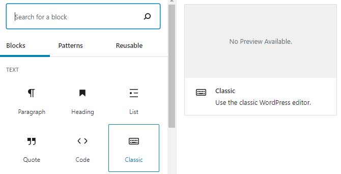 WordPress classic editor block