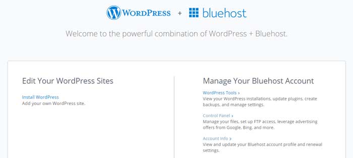 bluehost option to install wordpress