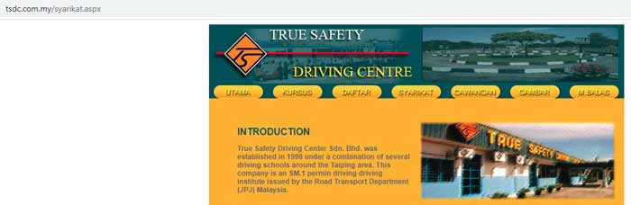 The homepage of TSDC, True Safety Driving Centre