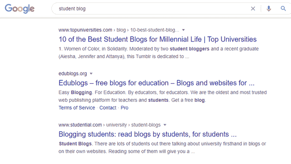 student blogs google search results