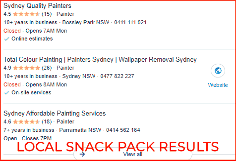 local seo snack pack results for painters in sydney