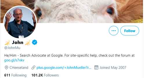 Twitter profile of John Mueller, Google's trends analyst