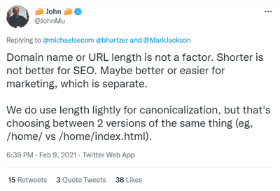 john mueller tweeted domain name is not an SEO factor