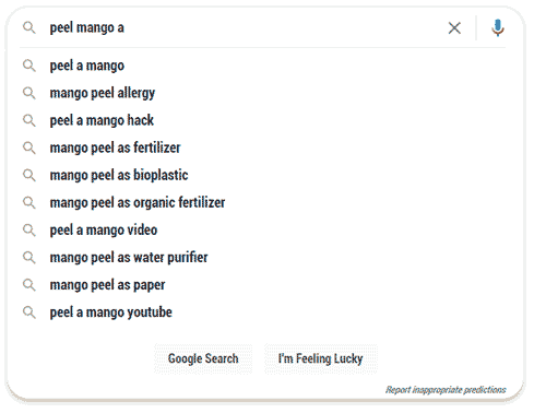 google suggested results of peel mango a