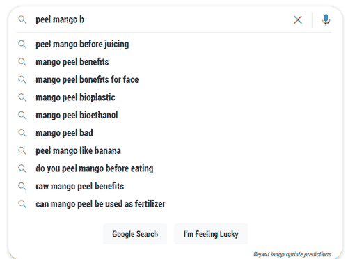 google suggested results of peel mango b