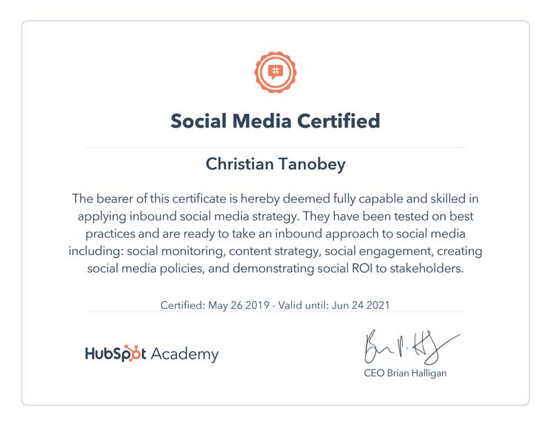 social media hubspot certificate
