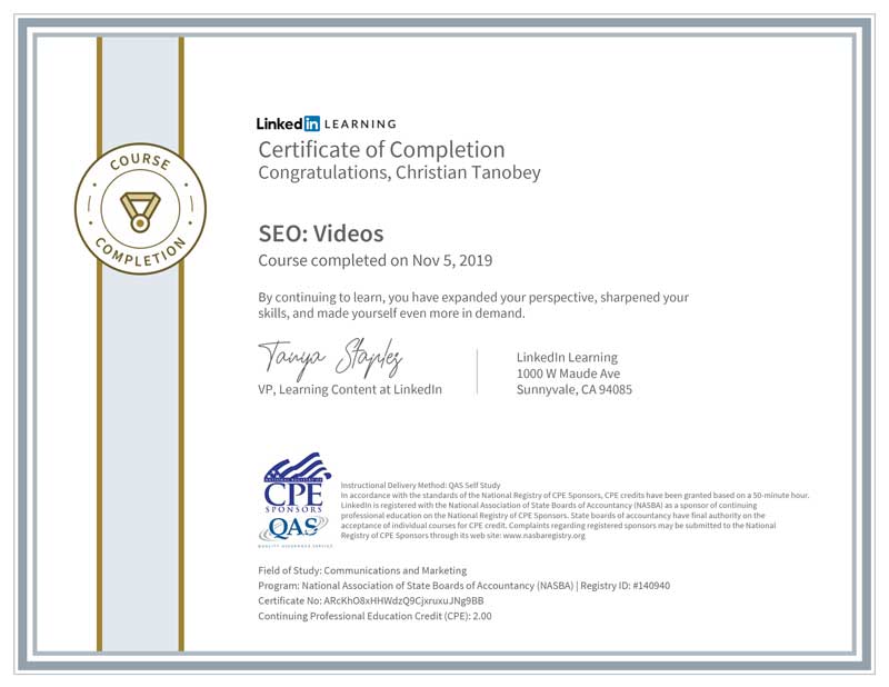 seo videos certificate